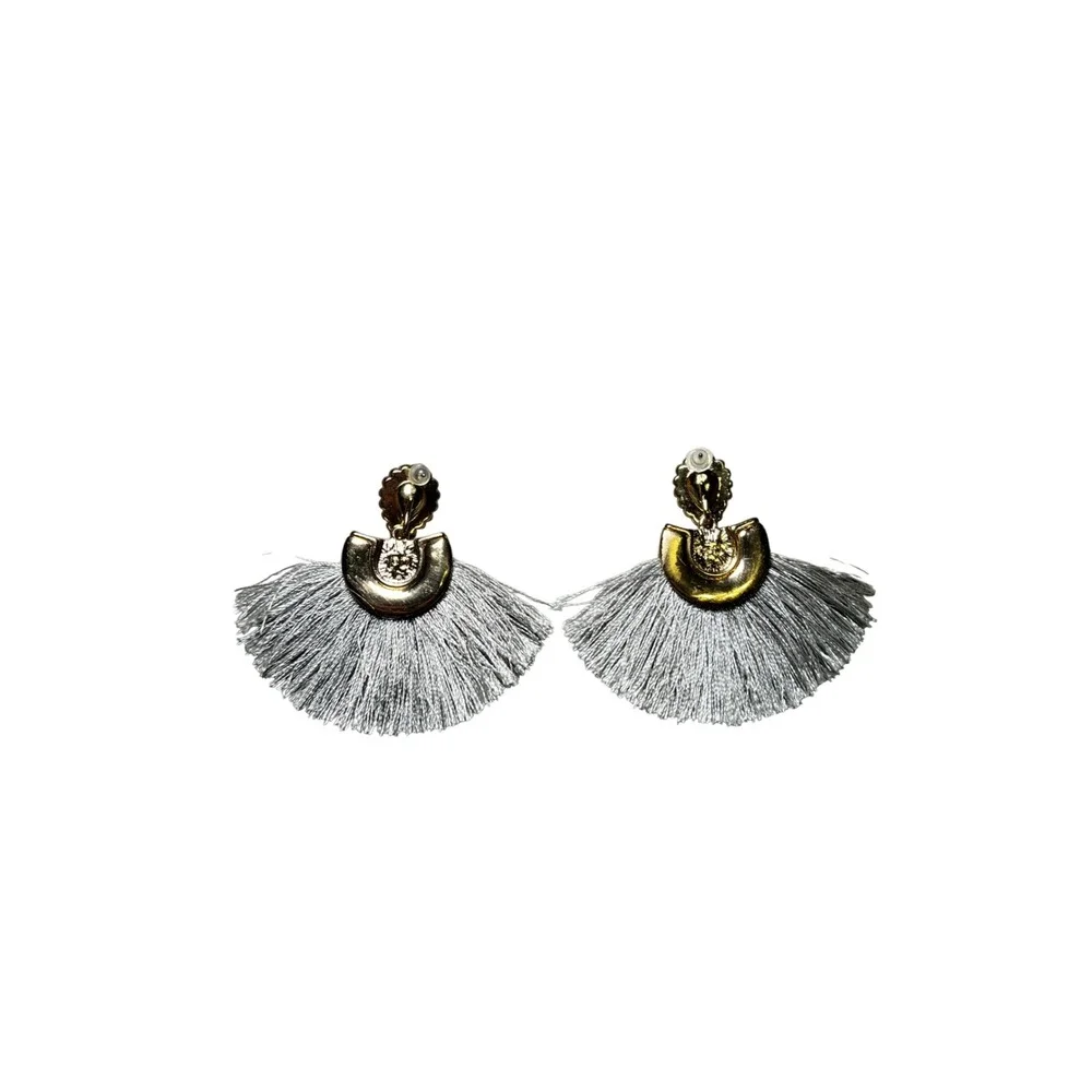 Gold Tone Silver Fringe Earrings Mother of Pearl Look Dangle Statement - Picture 2 of 2